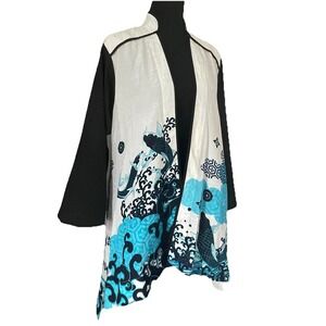 CITRON Sz M Open Kimono Silk Blend Blue Boho Artsy Lagenlook Ethereal Ocean Fish